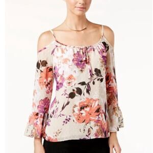 INC Floral Cream Purple Cold Shoulder Long Bell Sleeve Blouse Women’s